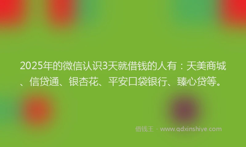 2025年的微信认识3天就借钱的人有：天美商城、信贷通、银杏花、平安口袋银行、臻心贷等。