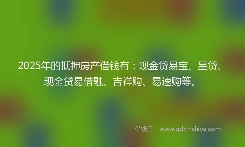 2025年的抵押房产借钱有：现金贷易宝、星贷、现金贷易借融、吉祥购、易速购等。