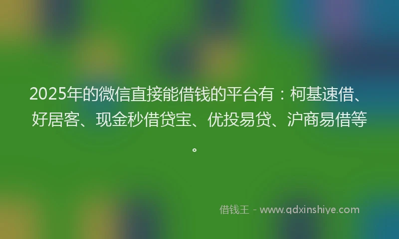 2025年的微信直接能借钱的平台有：柯基速借、好居客、现金秒借贷宝、优投易贷、沪商易借等。