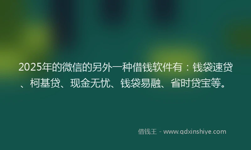 2025年的微信的另外一种借钱软件有：钱袋速贷、柯基贷、现金无忧、钱袋易融、省时贷宝等。