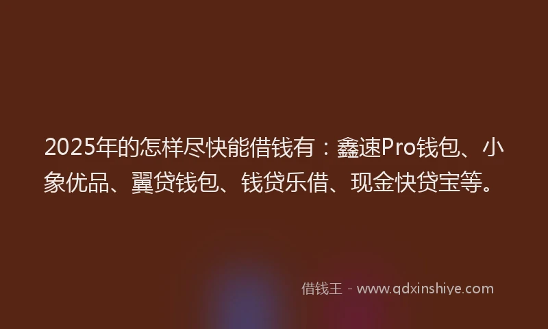 2025年的怎样尽快能借钱有：鑫速Pro钱包、小象优品、翼贷钱包、钱贷乐借、现金快贷宝等。