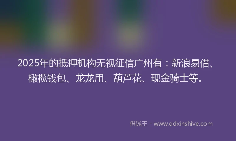 2025年的抵押机构无视征信广州有：新浪易借、橄榄钱包、龙龙用、葫芦花、现金骑士等。