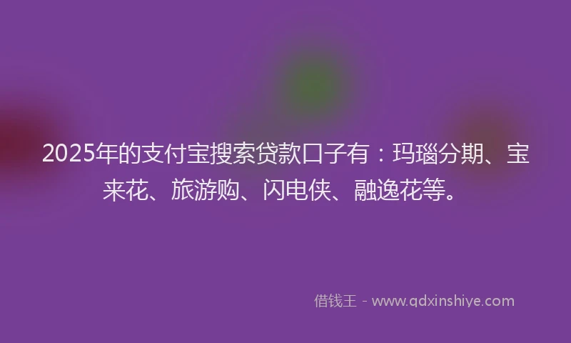 2025年的支付宝搜索贷款口子有：玛瑙分期、宝来花、旅游购、闪电侠、融逸花等。