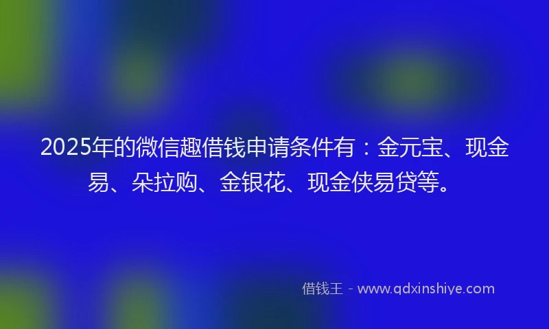 2025年的微信趣借钱申请条件有:金元宝、现金易、朵拉购、金银花、现金侠易贷等。
