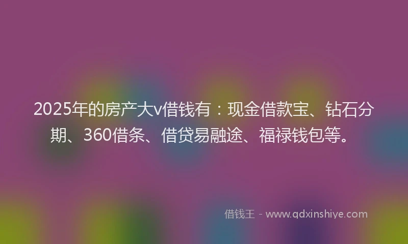 2025年的房产大v借钱有：现金借款宝、钻石分期、360借条、借贷易融途、福禄钱包等。