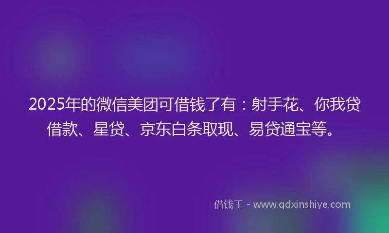 2025年的微信美团可借钱了有：射手花、你我贷借款、星贷、京东白条取现、易贷通宝等。
