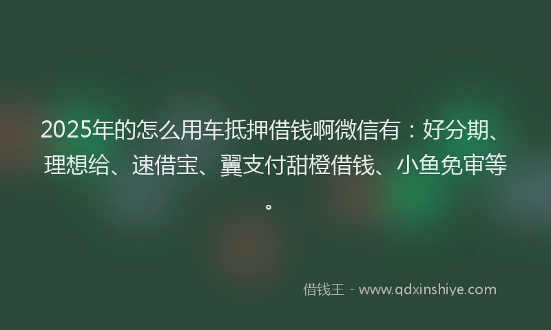 2025年的怎么用车抵押借钱啊微信有：好分期、理想给、速借宝、翼支付甜橙借钱、小鱼免审等。
