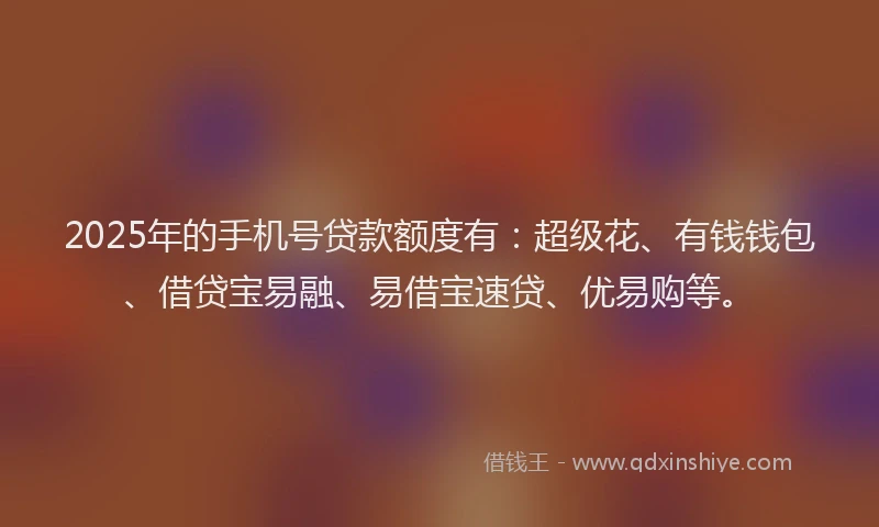 2025年的手机号贷款额度有：超级花、有钱钱包、借贷宝易融、易借宝速贷、优易购等。