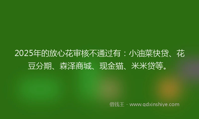 2025年的放心花审核不通过有：小油菜快贷、花豆分期、森泽商城、现金猫、米米贷等。