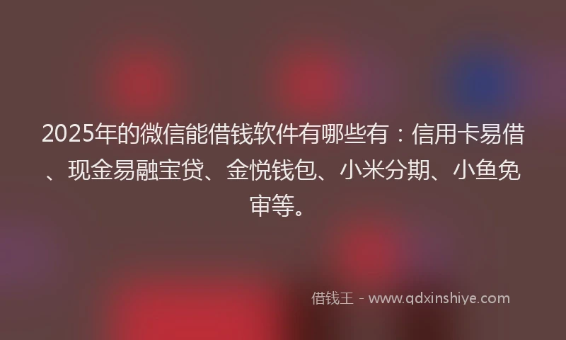 2025年的微信能借钱软件有哪些有：信用卡易借、现金易融宝贷、金悦钱包、小米分期、小鱼免审等。