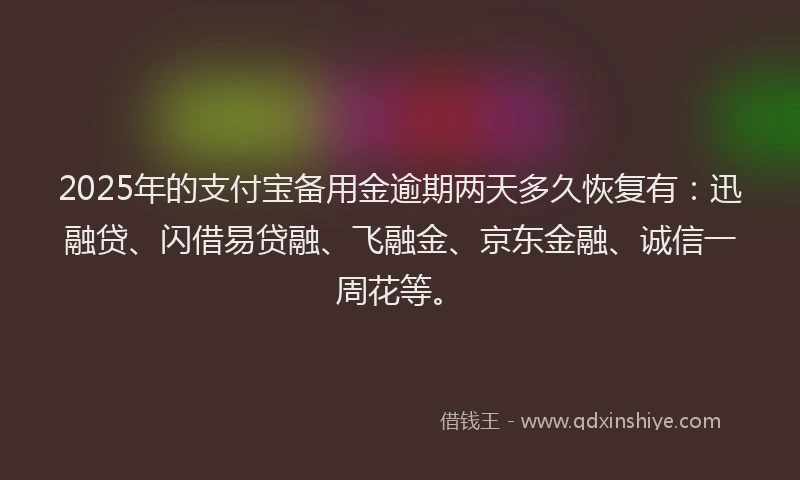 2025年的支付宝备用金逾期两天多久恢复有：迅融贷、闪借易贷融、飞融金、京东金融、诚信一周花等。