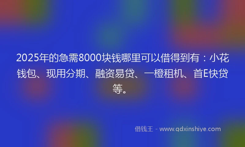 2025年的急需8000块钱哪里可以借得到有：小花钱包、现用分期、融资易贷、一橙租机、首E快贷等。