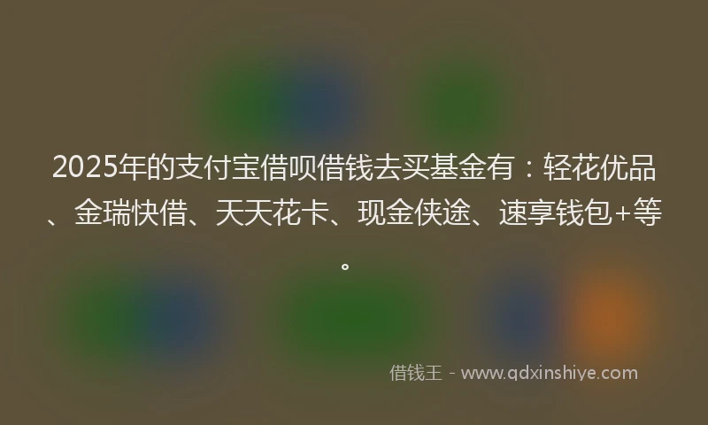 2025年的支付宝借呗借钱去买基金有：轻花优品、金瑞快借、天天花卡、现金侠途、速享钱包+等。