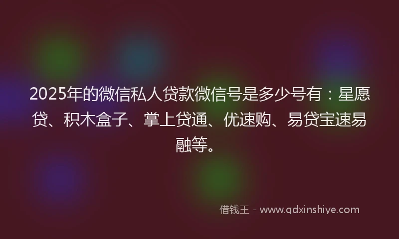 2025年的微信私人贷款微信号是多少号有：星愿贷、积木盒子、掌上贷通、优速购、易贷宝速易融等。