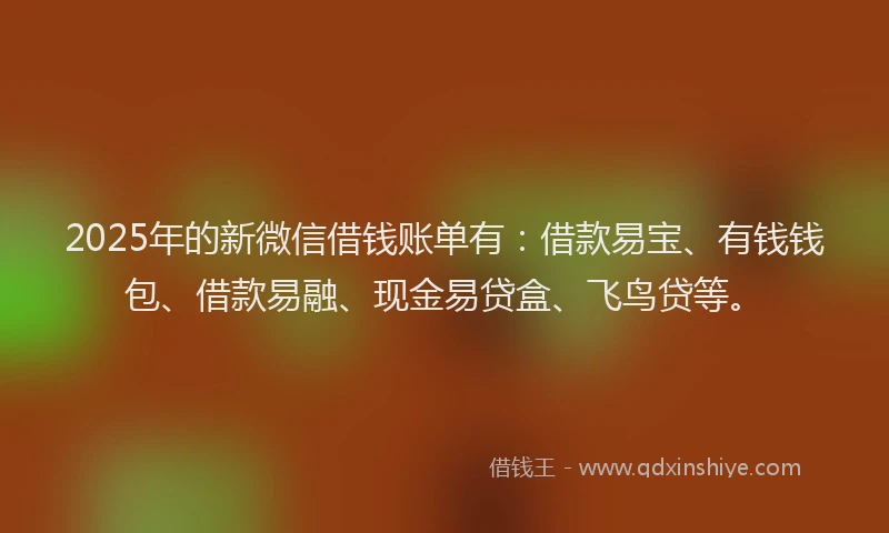 2025年的新微信借钱账单有：借款易宝、有钱钱包、借款易融、现金易贷盒、飞鸟贷等。