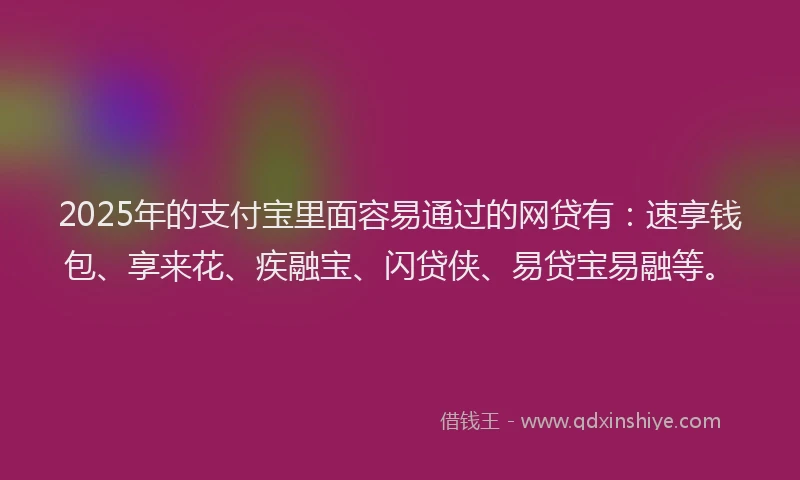 2025年的支付宝里面容易通过的网贷有：速享钱包、享来花、疾融宝、闪贷侠、易贷宝易融等。