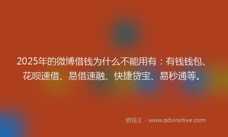 2025年的微博借钱为什么不能用有：有钱钱包、花呗速借、易借速融、快捷贷宝、易秒通等。