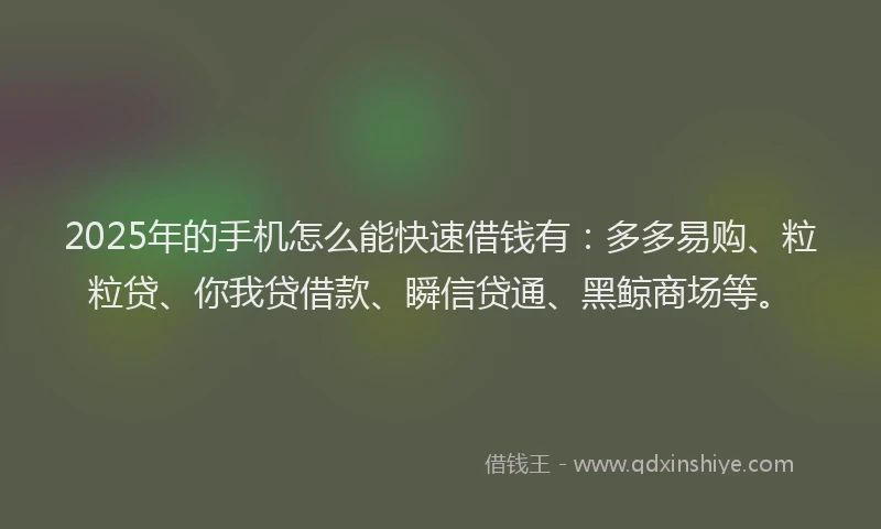 2025年的手机怎么能快速借钱有：多多易购、粒粒贷、你我贷借款、瞬信贷通、黑鲸商场等。