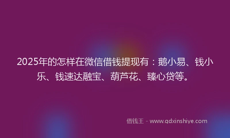 2025年的怎样在微信借钱提现有：鹅小易、钱小乐、钱速达融宝、葫芦花、臻心贷等。