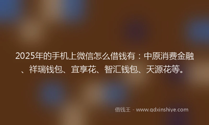 2025年的手机上微信怎么借钱有：中原消费金融、祥瑞钱包、宜享花、智汇钱包、天源花等。