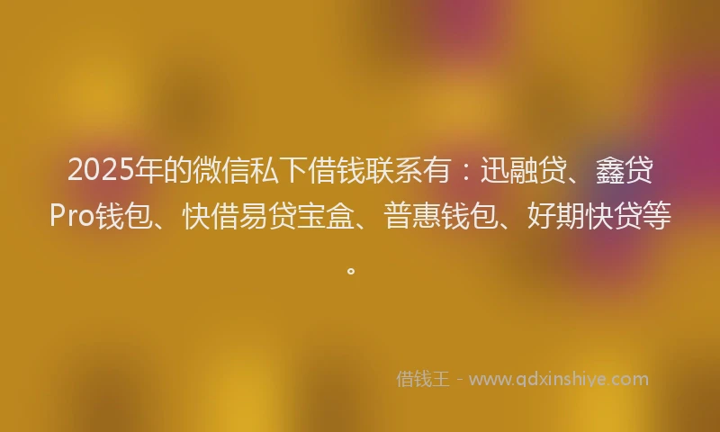 2025年的微信私下借钱联系有：迅融贷、鑫贷Pro钱包、快借易贷宝盒、普惠钱包、好期快贷等。