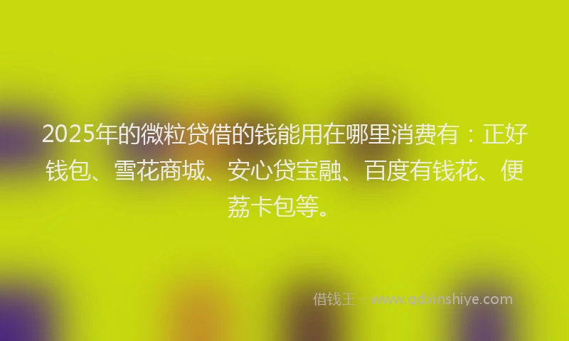 2025年的微粒贷借的钱能用在哪里消费有：正好钱包、雪花商城、安心贷宝融、百度有钱花、便荔卡包等。