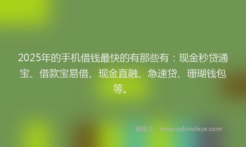 2025年的手机借钱最快的有那些有：现金秒贷通宝、借款宝易借、现金直融、急速贷、珊瑚钱包等。