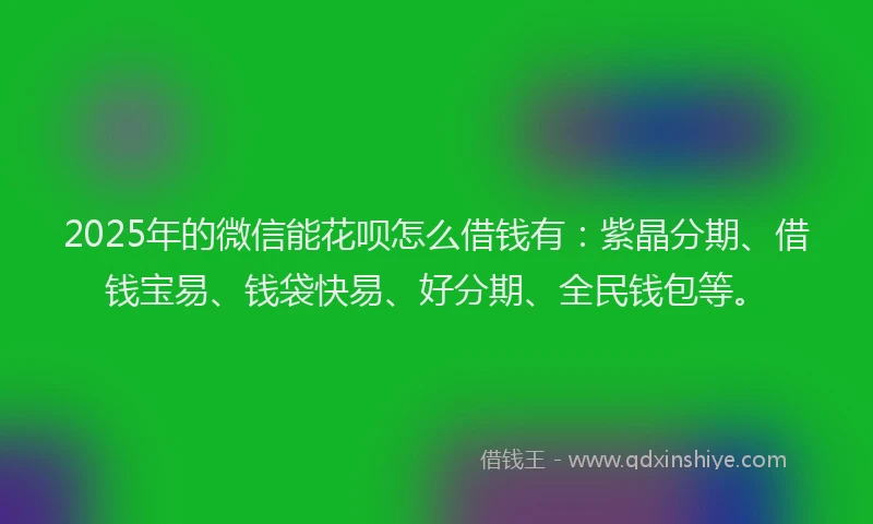 2025年的微信能花呗怎么借钱有：紫晶分期、借钱宝易、钱袋快易、好分期、全民钱包等。