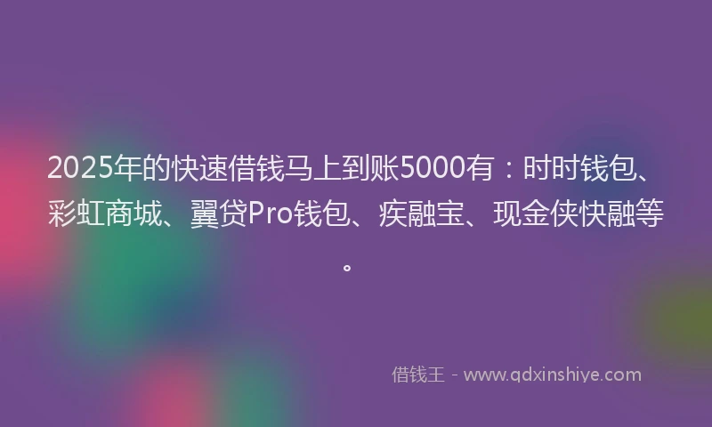 2025年的快速借钱马上到账5000有：时时钱包、彩虹商城、翼贷Pro钱包、疾融宝、现金侠快融等。
