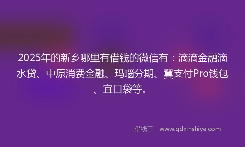 2025年的新乡哪里有借钱的微信有：滴滴金融滴水贷、中原消费金融、玛瑙分期、翼支付Pro钱包、宜口袋等。