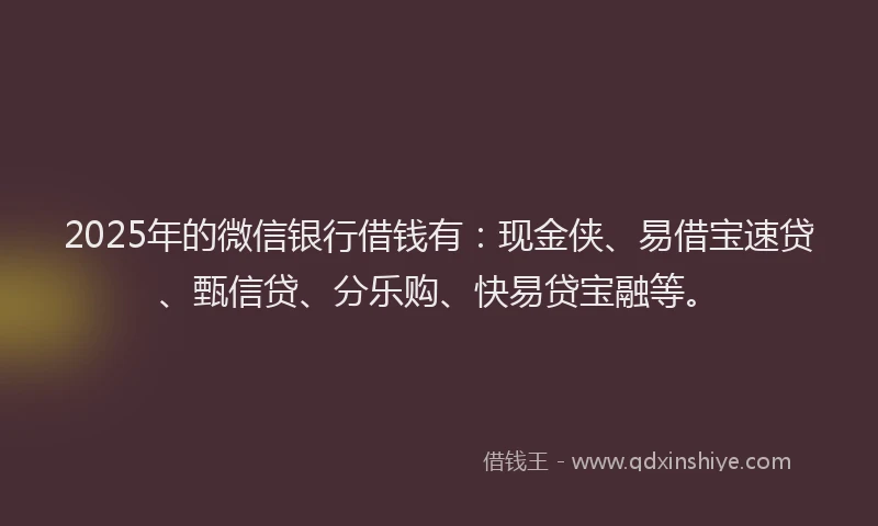 2025年的微信银行借钱有：现金侠、易借宝速贷、甄信贷、分乐购、快易贷宝融等。