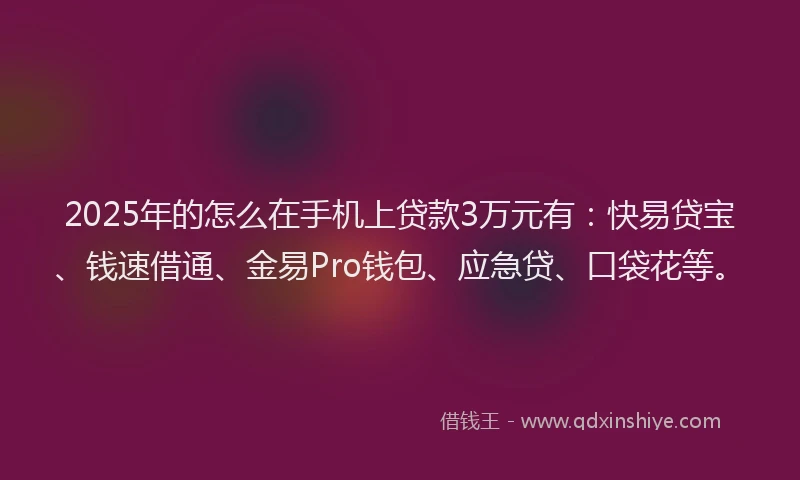 2025年的怎么在手机上贷款3万元有：快易贷宝、钱速借通、金易Pro钱包、应急贷、口袋花等。