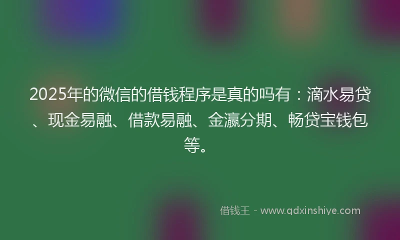 2025年的微信的借钱程序是真的吗有：滴水易贷、现金易融、借款易融、金瀛分期、畅贷宝钱包等。
