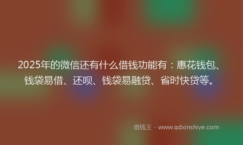 2025年的微信还有什么借钱功能有：惠花钱包、钱袋易借、还呗、钱袋易融贷、省时快贷等。