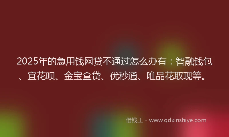 2025年的急用钱网贷不通过怎么办有：智融钱包、宜花呗、金宝盒贷、优秒通、唯品花取现等。