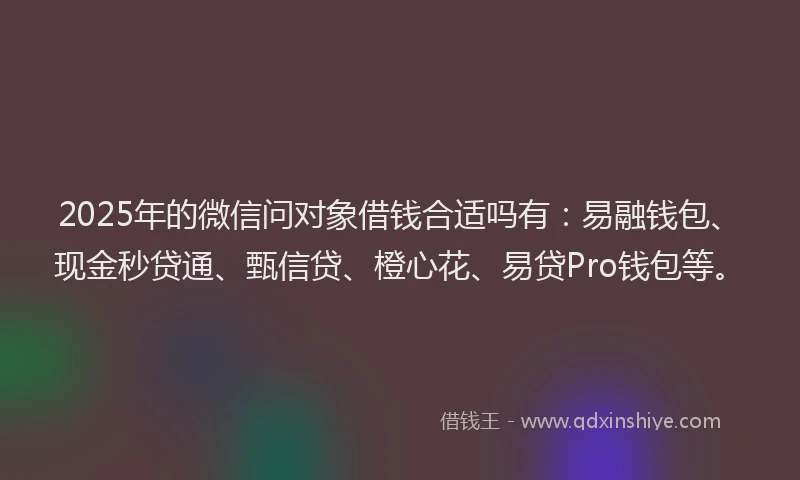 2025年的微信问对象借钱合适吗有：易融钱包、现金秒贷通、甄信贷、橙心花、易贷Pro钱包等。