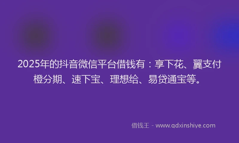 2025年的抖音微信平台借钱有：享下花、翼支付橙分期、速下宝、理想给、易贷通宝等。