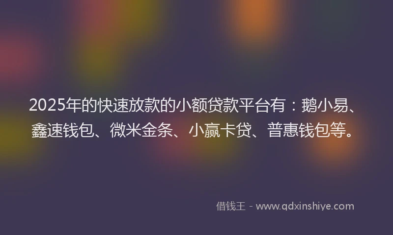 2025年的快速放款的小额贷款平台有：鹅小易、鑫速钱包、微米金条、小赢卡贷、普惠钱包等。