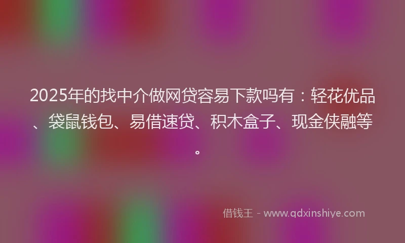 2025年的找中介做网贷容易下款吗有：轻花优品、袋鼠钱包、易借速贷、积木盒子、现金侠融等。