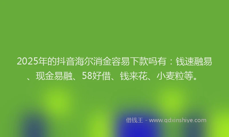2025年的抖音海尔消金容易下款吗有：钱速融易、现金易融、58好借、钱来花、小麦粒等。