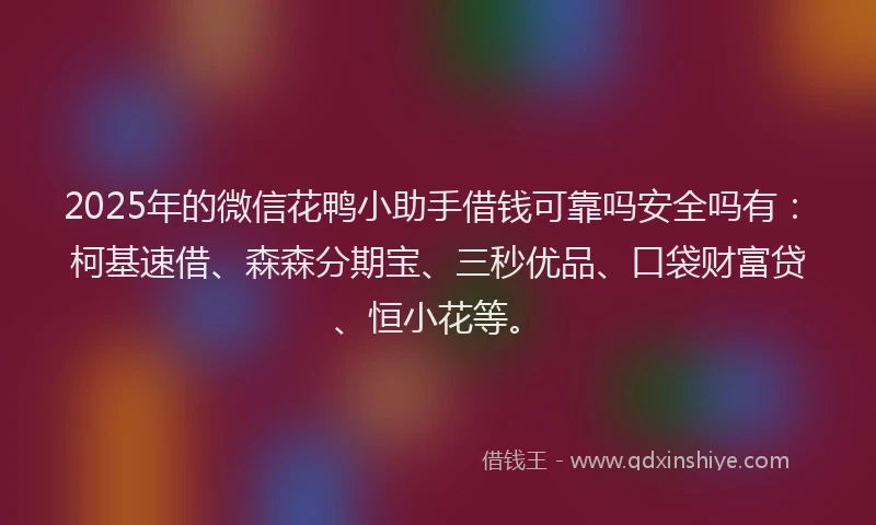 2025年的微信花鸭小助手借钱可靠吗安全吗有：柯基速借、森森分期宝、三秒优品、口袋财富贷、恒小花等。