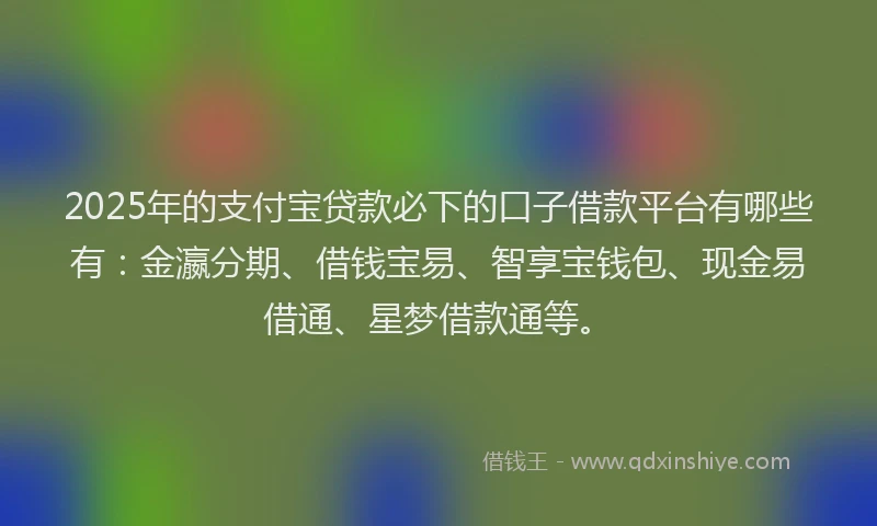 2025年的支付宝贷款必下的口子借款平台有哪些有：金瀛分期、借钱宝易、智享宝钱包、现金易借通、星梦借款通等。
