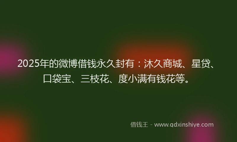 2025年的微博借钱永久封有：沐久商城、星贷、口袋宝、三枝花、度小满有钱花等。