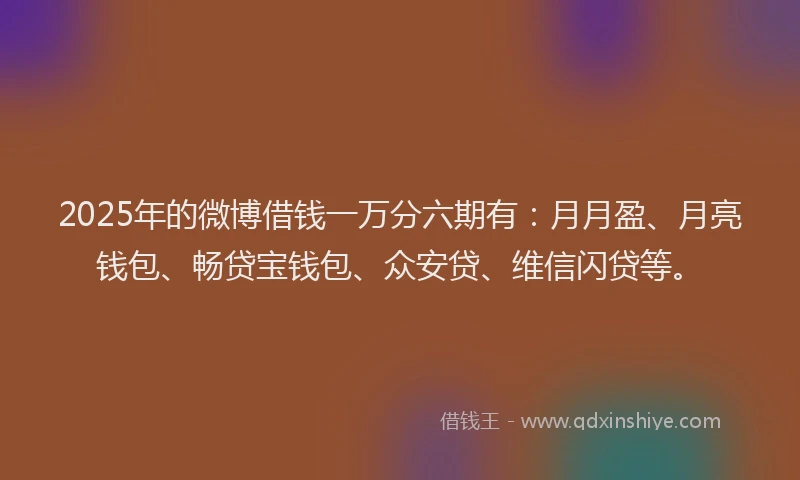 2025年的微博借钱一万分六期有：月月盈、月亮钱包、畅贷宝钱包、众安贷、维信闪贷等。