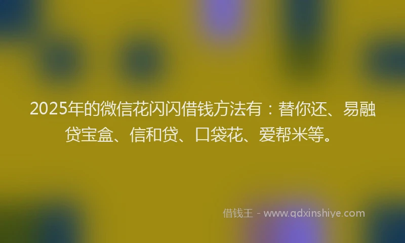 2025年的微信花闪闪借钱方法有：替你还、易融贷宝盒、信和贷、口袋花、爱帮米等。