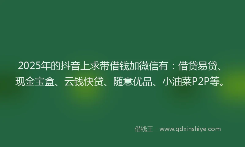 2025年的抖音上求带借钱加微信有：借贷易贷、现金宝盒、云钱快贷、随意优品、小油菜P2P等。