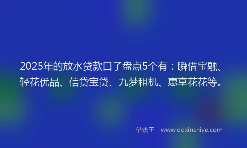 2025年的放水贷款口子盘点5个有：瞬借宝融、轻花优品、信贷宝贷、九梦租机、惠享花花等。