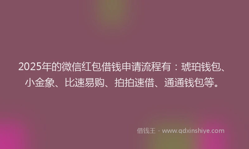 2025年的微信红包借钱申请流程有：琥珀钱包、小金象、比速易购、拍拍速借、通通钱包等。