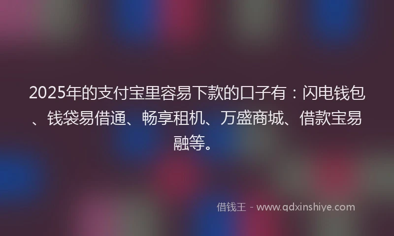 2025年的支付宝里容易下款的口子有：闪电钱包、钱袋易借通、畅享租机、万盛商城、借款宝易融等。