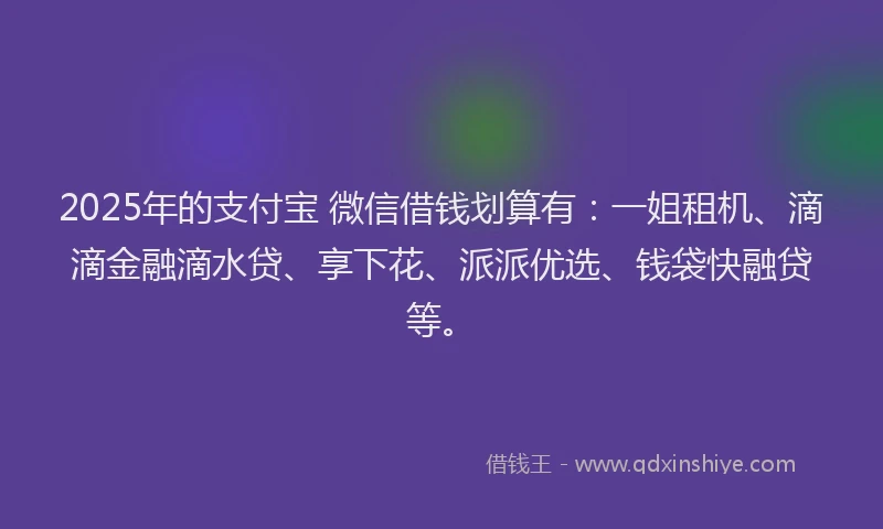 2025年的支付宝 微信借钱划算有：一姐租机、滴滴金融滴水贷、享下花、派派优选、钱袋快融贷等。